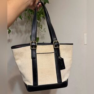 Vintage Coach Natural Straw Bucket Purse Bag Tote 8908 w/ Black Leather Handles